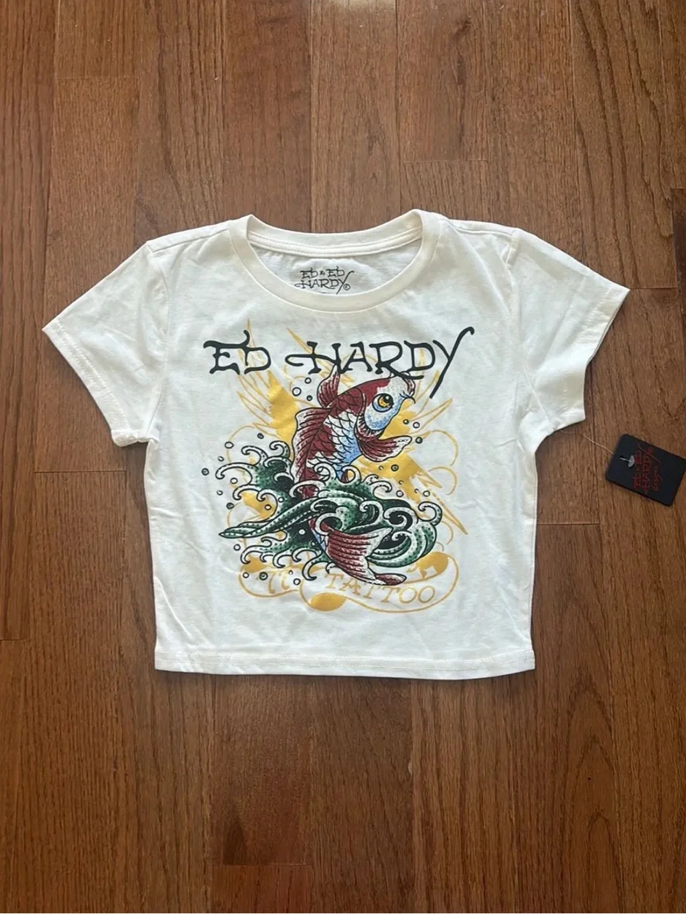 NWT Ed hardy koi fish ivory white rhinestone baby tee